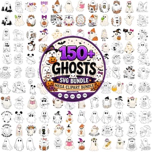 Puede incluir: Una colección digital de más de 150 ilustraciones de fantasmas con diversos temas de Halloween, accesorios y motivos estacionales. El gráfico circular central muestra el texto 150+ GHOSTS SVG BUNDLE MEGA CLIPART BUNDLE con los formatos de archivo.