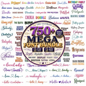 Puede incluir: Un gráfico digital que presenta una gran insignia circular central con el texto THE ULTIMATE 750+ MEGA FONT BUNDLE, rodeado por una amplia variedad de muestras tipográficas coloridas y diversas en estilos script, serif y decorativos.