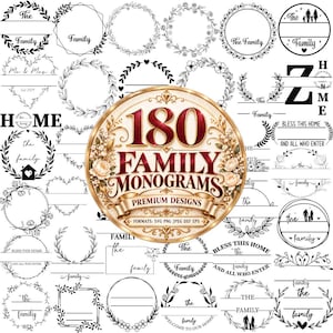Può includere: Una collezione digitale di 180 design di monogrammi familiari in bianco e nero con varie cornici circolari, a forma di cuore e rettangolari con motivi floreali, di foglie e rami, centrati attorno a un emblema dorato 180 FAMILY MONOGRAMS.