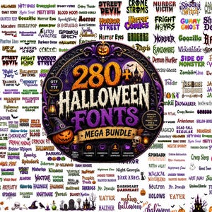 Może przedstawiać: Cyfrowa kolekcja ponad 280 czcionek na Halloween w mega pakiecie, przedstawiona jako okrągła grafika z centralną dynią, kapeluszem czarownicy, czaszką i sylwetką nawiedzonego domu, otoczona licznymi przykładami tekstów w różnych stylach.