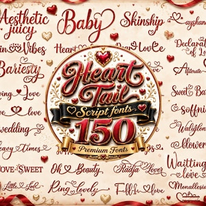 Peut inclure: Une collection numérique de 150 polices script intitulée Heart Tail, avec des lettres rouges et dorées sur un fond crème. L'emblème central affiche le texte Heart Tail Script fonts 150 Premium Fonts, entouré de diverses icônes de cœurs décoratifs et de nombreux exemples de mots écrits dans une typographie cursive élégante et fluide.