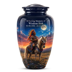 May include: A dark blue cremation urn with a glossy finish featuring a printed scene of a person in traditional attire riding a horse at sunset under a full moon. The text reads In Loving Memory of Wisdom Hok 02-08-1998 - 25-11-2025.
