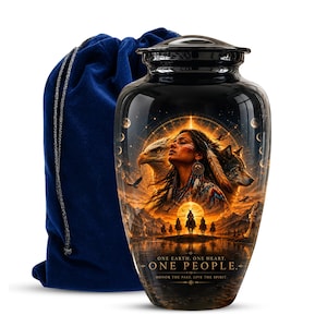 May include: A black cremation urn with a glossy finish featuring a vibrant, detailed illustration of a person, an eagle, and a wolf against a sunset landscape. The text reads: ONE EARTH. ONE HEART. ONE PEOPLE. HONOR THE PAST, LIVE THE SPIRIT.
