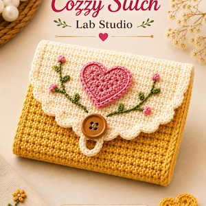 Pode incluir: Uma carteira de crochê em amarelo mostarda com uma aba festonada na cor creme. A aba apresenta um coração rosa, ramos verdes bordados com pequenas flores rosas e um fecho de botão marrom. O texto diz Cozzy Stitch Lab Studio e DIGITAL PDF FORM.