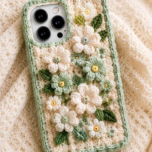 May include: A crochet phone case featuring a cream-colored base with three-dimensional floral appliques in shades of white, sage green, and yellow. The case has a sage green border and includes the text Cozy Stitch Lab Studio and PDF PATTERN.