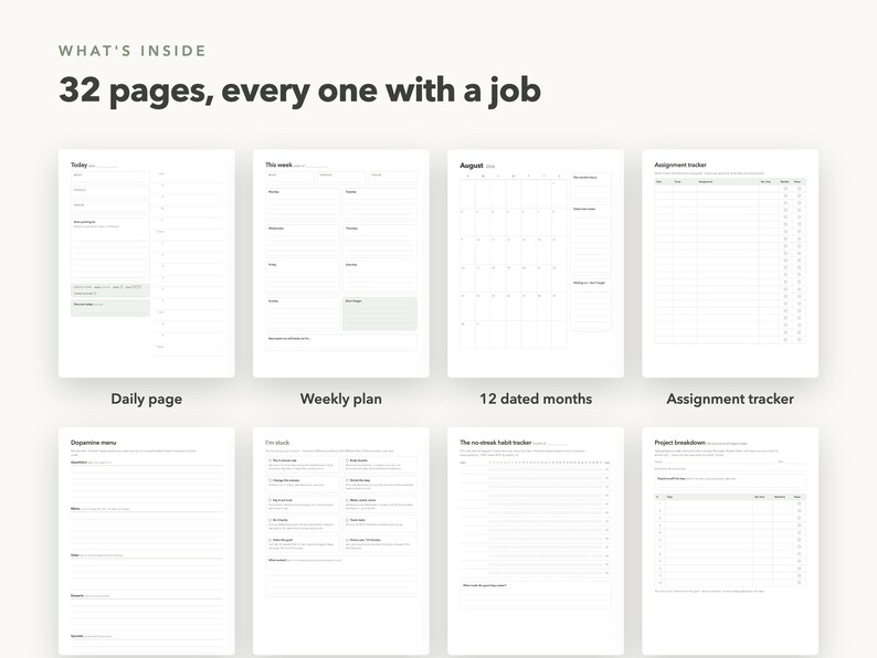 May include: A collection of planner pages featuring the text WHAT'S INSIDE 32 pages, every one with a job. The layout displays eight distinct templates including a daily page, weekly plan, 12 dated months, assignment tracker, dopamine menu, study guide, habit tracker, and project breakdown.
