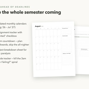 May include: A white academic planner featuring 12 dated monthly calendars from August 2026 to July 2027, an assignment tracker with checkboxes, an exam countdown, a project breakdown sheet, and a grade tracker, with the text Stay ahead of deadlines.