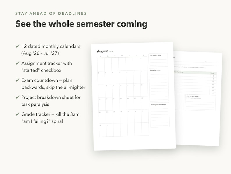 May include: A white academic planner featuring 12 dated monthly calendars from August 2026 to July 2027, an assignment tracker with checkboxes, an exam countdown, a project breakdown sheet, and a grade tracker, with the text Stay ahead of deadlines.