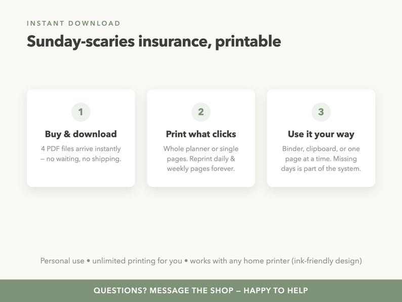 May include: A digital printable planner titled Sunday-scaries insurance. The graphic features three numbered steps: 1. Buy & download, 2. Print what clicks, and 3. Use it your way. It includes notes on personal use, unlimited printing, and home printer compatibility.