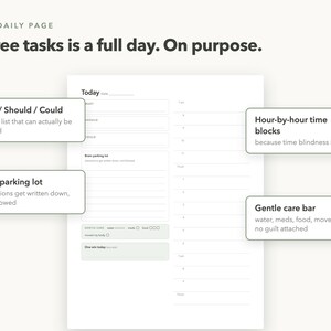 May include: A white daily planner page titled The Daily Page with the text Three tasks is a full day. On purpose. It features sections for Must, Should, Could tasks, a brain parking lot, hour-by-hour time blocks, and a gentle care bar.