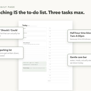 May include: A white daily planner page titled The Daily Page with text Teaching IS the to-do list. Three tasks max. It features sections for Must, Should, Could, a Brain parking lot, a Gentle care bar, One win today, and half-hour time blocks from 7am to 4:30pm.