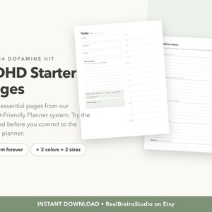 May include: Two white planner pages with black text and lines. The left page is titled Today and includes sections for tasks, notes, and a schedule. The right page is titled Mine menu. Text on the image reads The $4 Dopamine Hit ADHD Starter Pages.