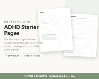 Printbare startpagina's voor ADHD, dagplanner, dopaminemenu, brainstormsessie (pdf-download)