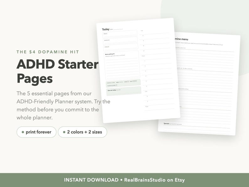 May include: Two white planner pages with black text and lines. The left page is titled Today and includes sections for tasks, notes, and a schedule. The right page is titled Mine menu. Text on the image reads The $4 Dopamine Hit ADHD Starter Pages.