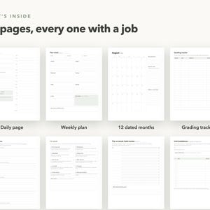 May include: A digital planner layout featuring 35 pages with specific organisational sections. The text reads WHAT'S INSIDE 35 pages, every one with a job. Visible pages include a daily page, weekly plan, 12 dated months, grading tracker, dopamine menu, study plan, no streak habit tracker, and unit breakdown.