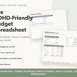 Może przedstawiać: Cyfrowy arkusz kalkulacyjny budżetu dla Google Sheets i Excel pod tytułem The ADHD-Friendly Budget Spreadsheet. Zawiera tabelę przeglądu semestru oraz miesięczny moduł śledzenia budżetu z kategoriami, przychodami i wydatkami.