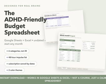 Budgetspreadsheet voor ADHD, Google Sheets Excel, tracker voor impulsieve uitgaven (digitale download)