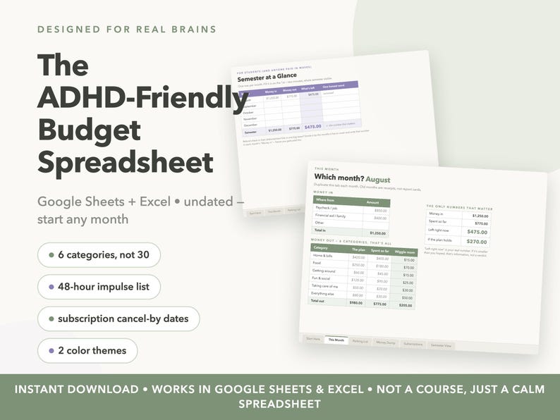 Może przedstawiać: Cyfrowy arkusz kalkulacyjny budżetu dla Google Sheets i Excel pod tytułem The ADHD-Friendly Budget Spreadsheet. Zawiera tabelę przeglądu semestru oraz miesięczny moduł śledzenia budżetu z kategoriami, przychodami i wydatkami.