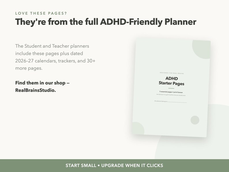 May include: A digital planner page titled ADHD Starter Pages with the subtitle 5 essential pages + print forever. The document features a light green background with circular accents and text detailing the full ADHD-Friendly Planner.