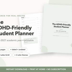 May include: A printable student planner titled The ADHD-Friendly Student Planner for the 2026-2027 academic year. The document features a light green cover with dark text, including 32 pages, dated and undated options, and US Letter and A4 sizes.
