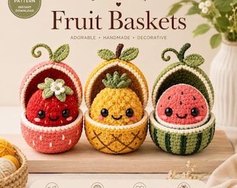 Crochet Fruit Basket Amigurumi Pattern PDF | Strawberry Pineapple Watermelon Doll Set | Advanced Beginner | 4.5-5in Digital Download