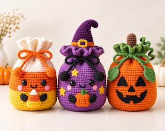Halloween Treat Bag Crochet Pattern PDF, Candy Corn Witch Hat Jack-O-Lantern Amigurumi, Intermediate Level, Set of 3 Digital Download