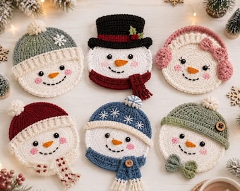 Snowman Face Friends Crochet Pattern PDF | 6 Interchangeable Hats Winter Ornament & Coaster | Advanced Beginner | 4.5-5 Inch