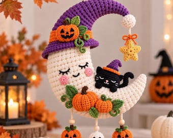 Sleepy Witch Moon Crochet Pattern PDF | Amigurumi Halloween Hanger with Witch Hat Cat & Pumpkin Charms | Intermediate | 14in Wall Decor
