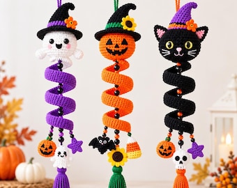 Spooky Spiral Witch Hat Hangers Crochet Pattern PDF | Ghost Pumpkin Black Cat Halloween Amigurumi | Intermediate | Set of 3, 14in