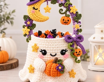 Halloween Ghost Basket Crochet Pattern PDF | Kawaii Amigurumi Candy Bowl with Witch Hat Moon & Pumpkin | Digital Download | 9 Inch