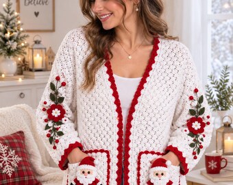 Santa Floral Trim Cardigan Crochet Pattern PDF | Holiday Shell Stitch & Picot Applique | Intermediate | Kids 4-6 Years