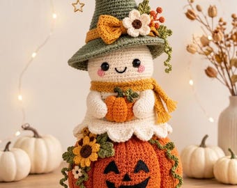 Autumn Witch Ghost Crochet Pattern PDF | Halloween Jack-o'-Lantern Amigurumi, Cozy Fall Decor | Intermediate | 11 Inch Finished Size