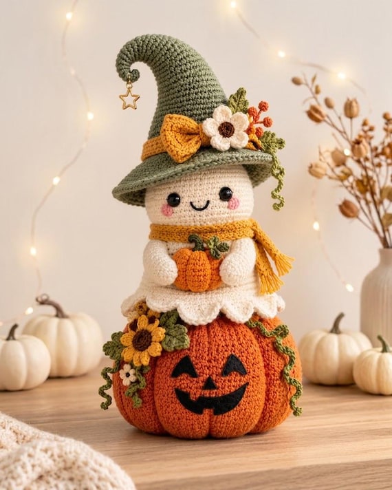 Autumn Witch Ghost Crochet Pattern PDF | Halloween Jack-o'-Lantern Amigurumi, Cozy Fall Decor | Intermediate | 11 Inch Finished Size