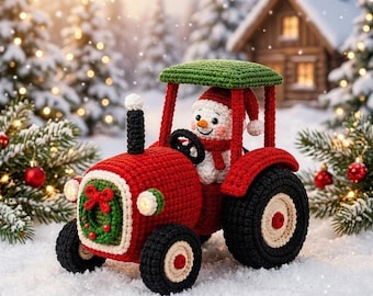 Jolly Snowman with Christmas Tractor Crochet Pattern PDF | Amigurumi Farmer Doll | Advanced | 7in Christmas Décor Digital Download