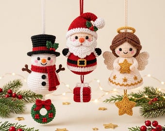 Christmas Snowman Ornament Crochet Pattern PDF | Amigurumi Holiday Decor, Top Hat & Wreath Charm | Intermediate | 4.5in
