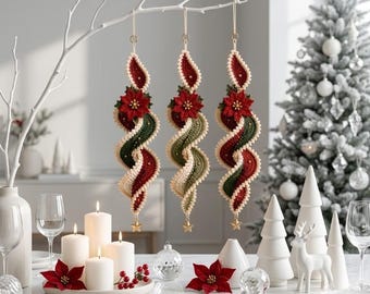 Crochet Spiral Christmas Ribbon Ornament PDF Pattern | Beaded Poinsettia Holly Design | Advanced Skill Level | 7 Inch Finished, Set of 3