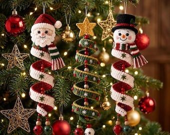 Spiral Spring Crochet Ornament Pattern PDF | Christmas Tree Snowman Santa Amigurumi Set | Advanced Beginner | 9-10 Inch Hanging Decor