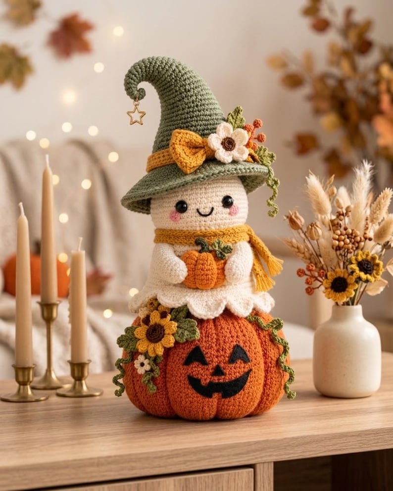 May include: A crocheted ghost figure wearing a green pointed hat with a star charm, a yellow scarf, and holding a small orange pumpkin. The ghost sits atop a large, round, orange crocheted pumpkin with a black stitched jack-o'-lantern face.