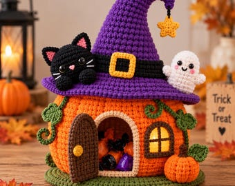 Cozy Pumpkin Witch Hat Cottage Crochet Pattern PDF | Amigurumi Halloween House with Cat & Ghost | Intermediate | 3 Sizes S-M-L