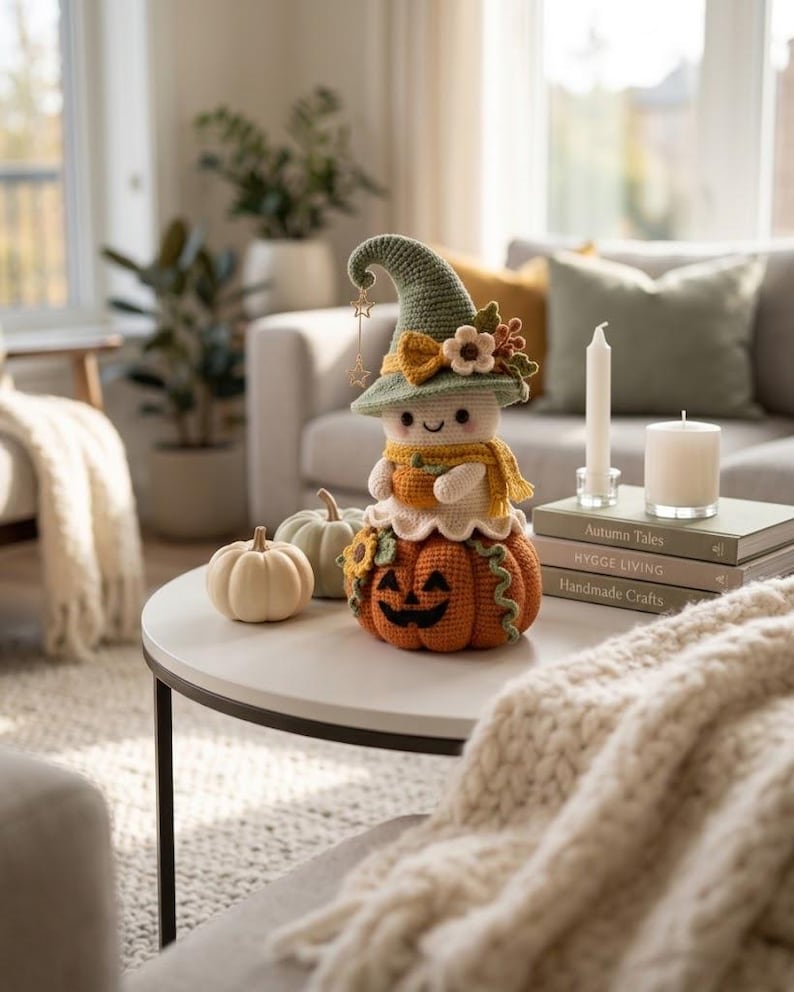May include: A crochet doll featuring a pale face and a green pointed hat adorned with small flowers and a dangling star charm. The doll wears a yellow scarf and sits atop a large orange jack-o'-lantern with a carved face and green accents.