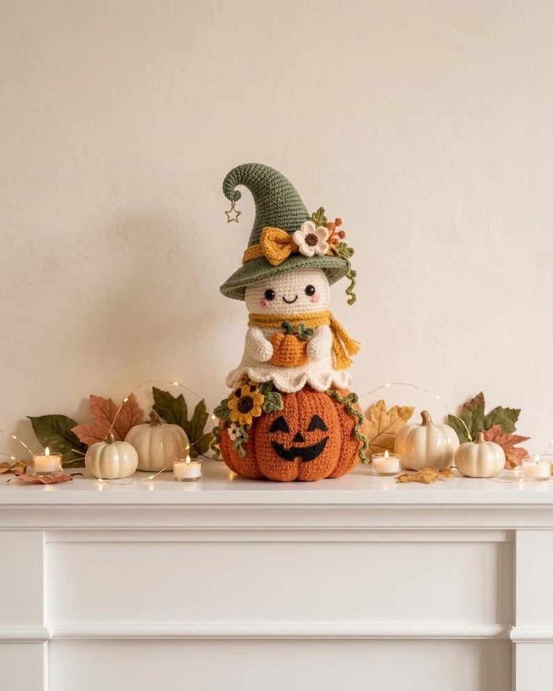 May include: A crocheted ghost figure wearing a sage green pointed hat with a small star charm, a yellow scarf, and holding a small orange pumpkin. The ghost sits atop a large, round, orange crocheted pumpkin with a black stitched jack-o'-lantern face.