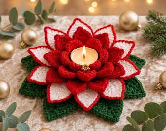 Christmas Flower Candle Holder Crochet Pattern PDF | Poinsettia Tealight Coaster Layered Petal Design | Intermediate Skill Level | 7 Inch