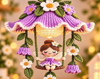 Flower Canopy Fairy Swing Crochet Pattern PDF | Amigurumi Fairy Mobile, Lace Mesh Lantern, Picot Edging | Easy Level | Photo Tutorial