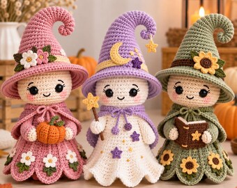 Witch Amigurumi Crochet Pattern PDF | Moon, Autumn & Sunflower Witch Doll Set | Intermediate | 11 Inch Digital Download