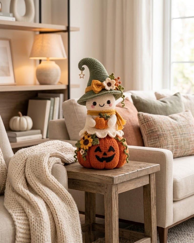 May include: A crocheted ghost figurine wearing a green pointed hat with a small star charm, a yellow scarf, and holding a tiny orange pumpkin. The ghost sits atop a larger orange crocheted pumpkin decorated with sunflowers and green vines.