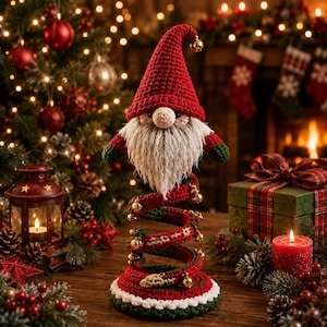 May include: A crocheted Christmas gnome with a red pointed hat, a long white beard, and green sleeves, perched atop a red and green spiral spring base decorated with small gold bells and white trim, standing as a festive holiday ornament.