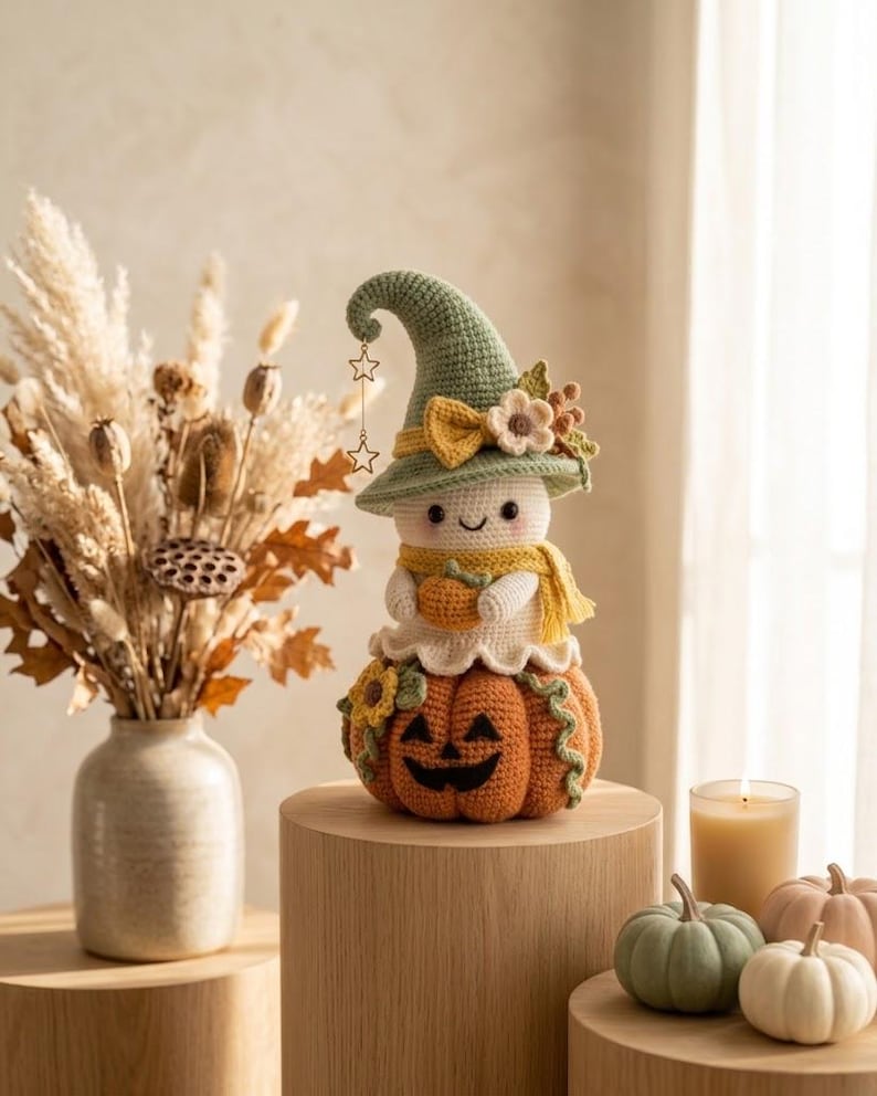 May include: A crocheted ghost figure wearing a sage green pointed hat with a yellow bow and flower, a yellow scarf, and holding a small orange pumpkin. The ghost sits atop a larger orange jack-o'-lantern with a carved face and green vines.