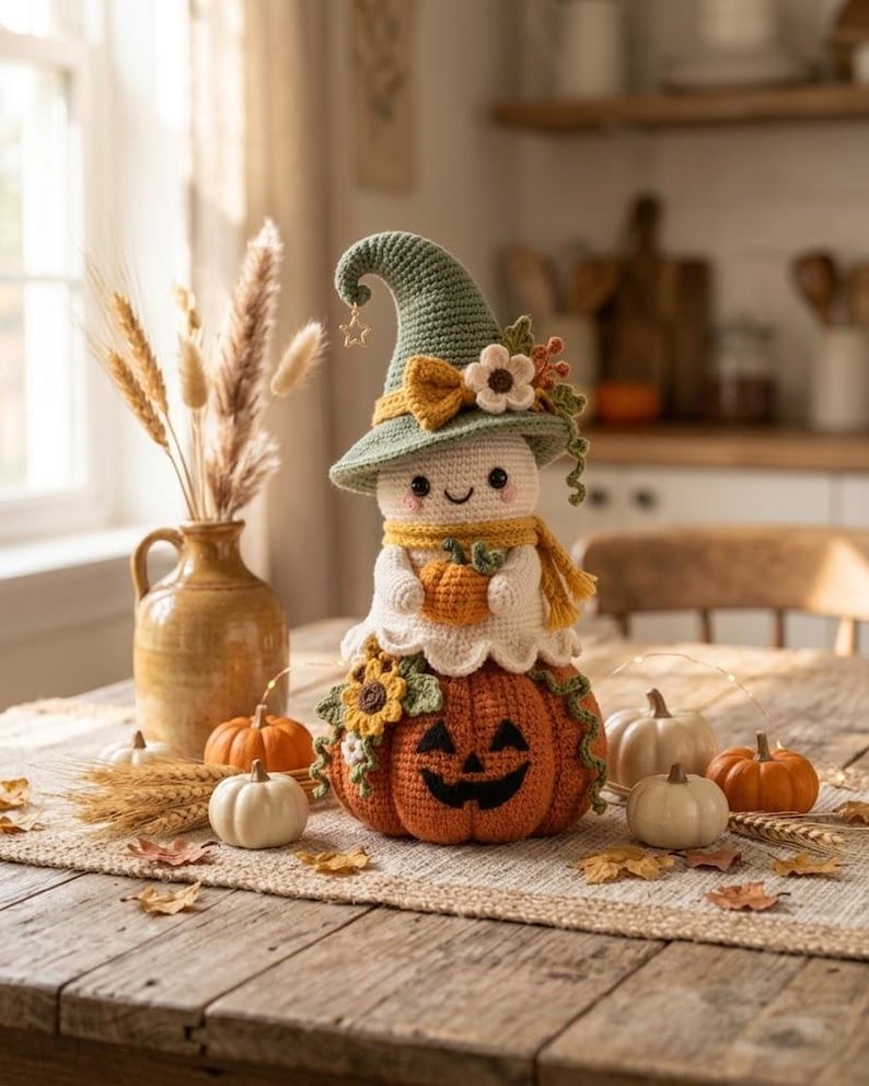 May include: A crocheted ghost figure wearing a sage green pointed hat with a small star charm, a yellow scarf, and holding a tiny orange pumpkin. The ghost sits atop a large, round, orange crocheted pumpkin with a black stitched jack-o'-lantern face.