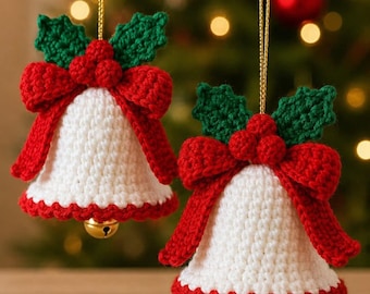 Classic Crochet Christmas Bell Ornament PDF Pattern | Festive Holly Bow Holiday Decor | Advanced Beginner | 4-Inch Digital Download