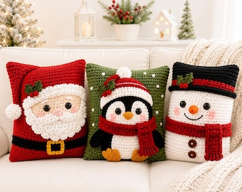 Christmas Pillows Crochet Pattern PDF | Amigurumi Santa Snowman Penguin Face Pillow | Intermediate | 12x16in Digital Download